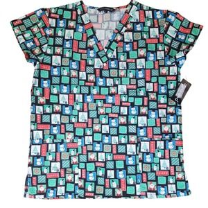 Holiday Snowman Christmas Stamp Scrub Top V-Neck Short Sleeve NWT Women's S